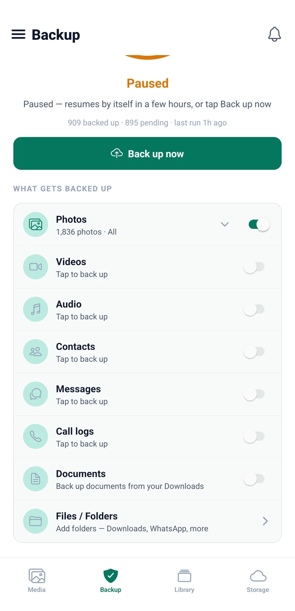 The Backup screen in the BigMind Home app, listing photos, videos, audio, contacts, messages, call logs, documents and folders