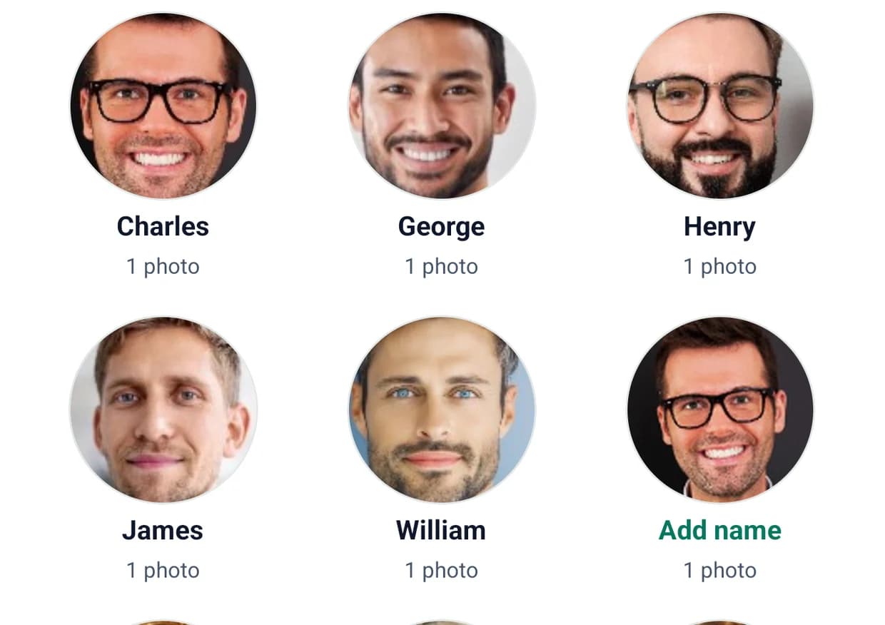 The People screen in the BigMind Home app, with photos grouped by face and named Charles, George, Henry, James and William