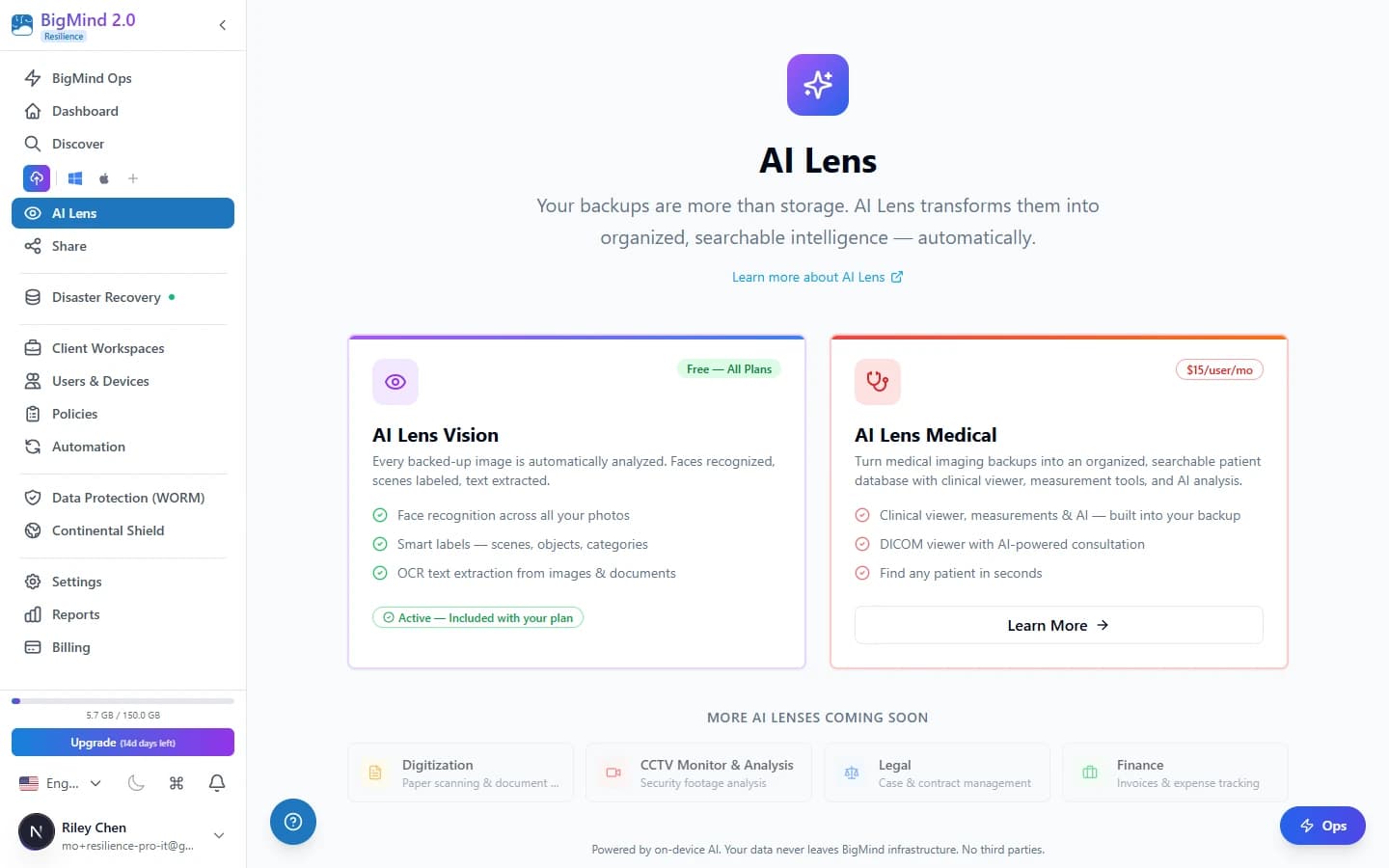 AI Lens hub in BigMind Resilience — Faces, Labels, and OCR search available on web and mobile