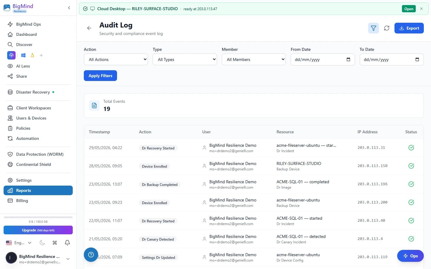 Consistency badge and alert history in BigMind Recovery Shield