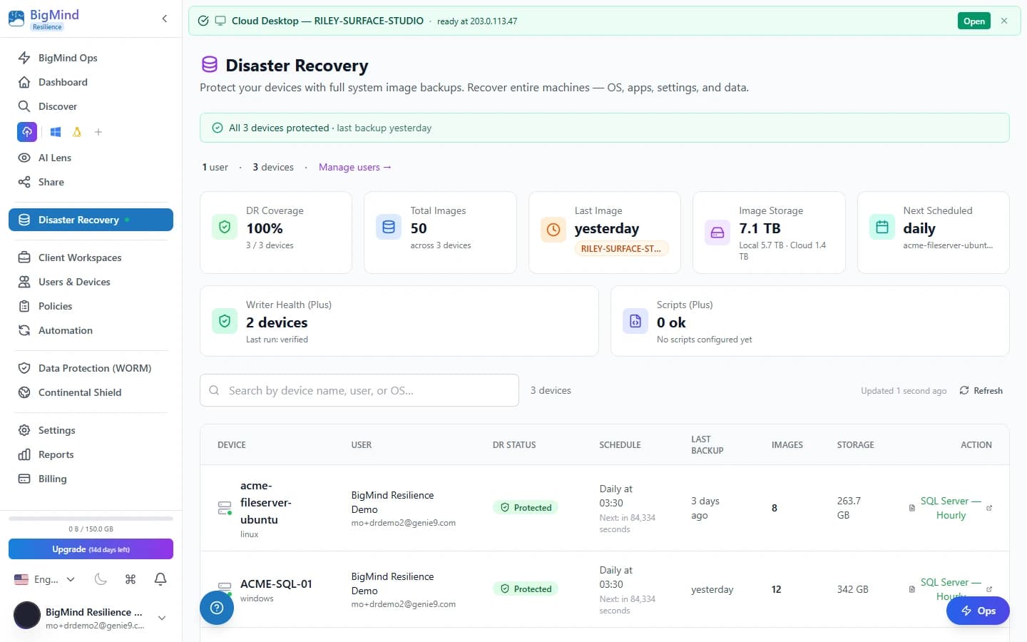 Multi-volume recovery in BigMind Recovery Shield
