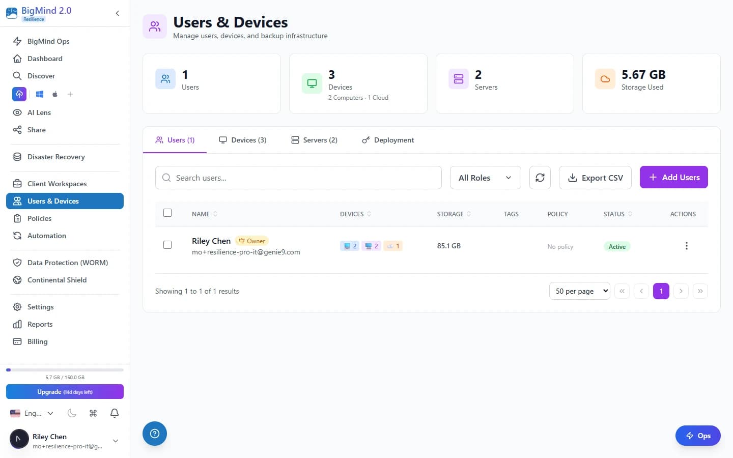 Users and devices view showing which backup policy is in effect on each device