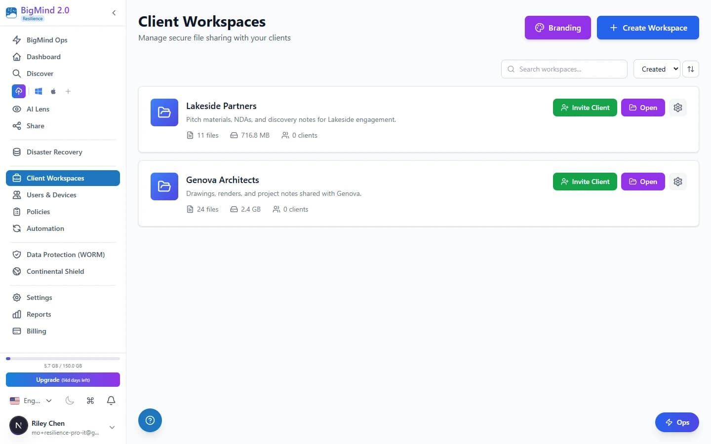 BigMind Resilience workspaces — isolated, permissioned spaces per matter with separate audit logs