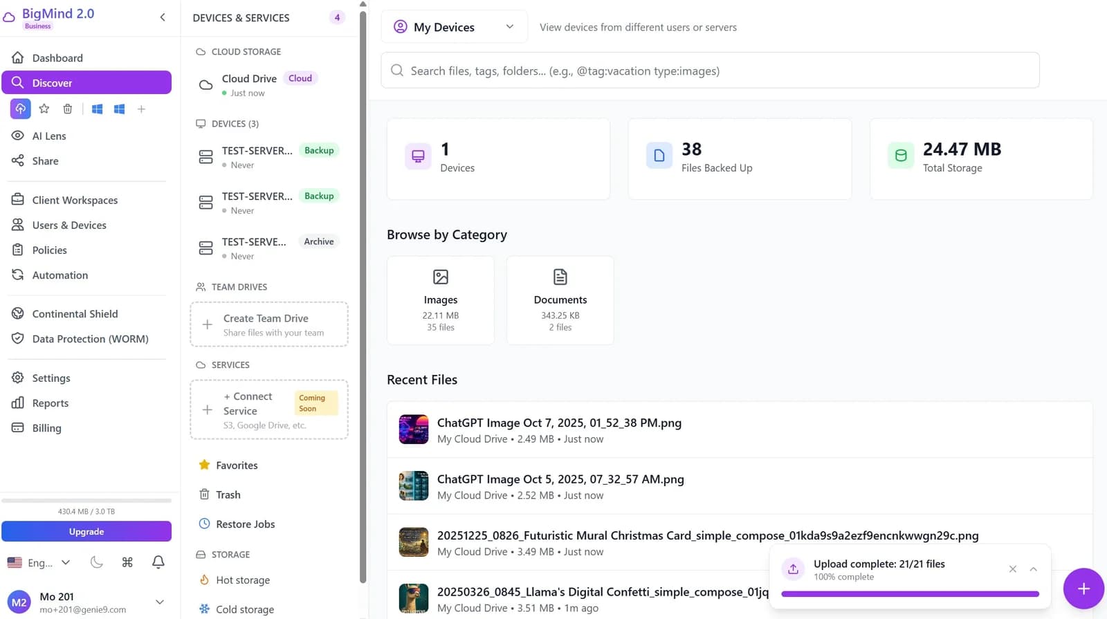 BigMind 2.0 Dashboard - Device management and storage overview