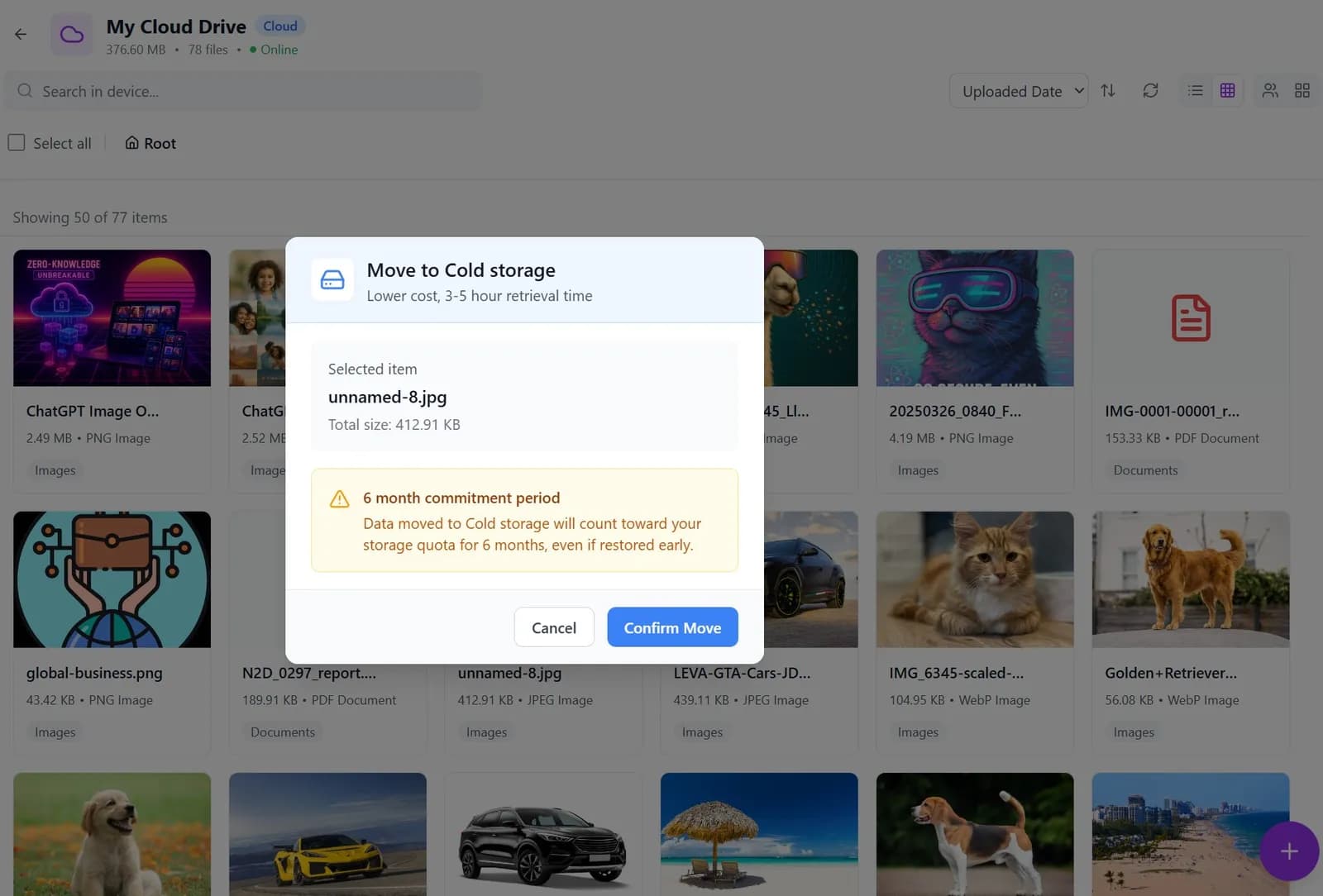 Move to Cold Storage dialog — right-click file movement UX