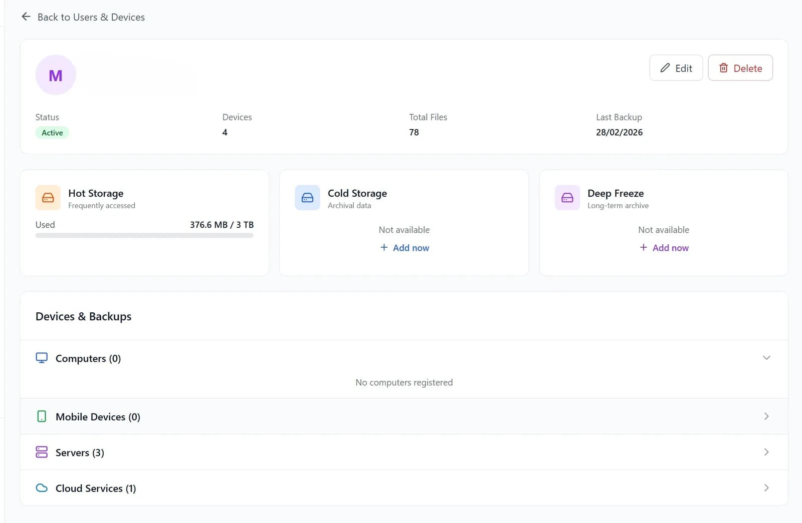BigMIND user detail view — storage tiers, devices, and backup status