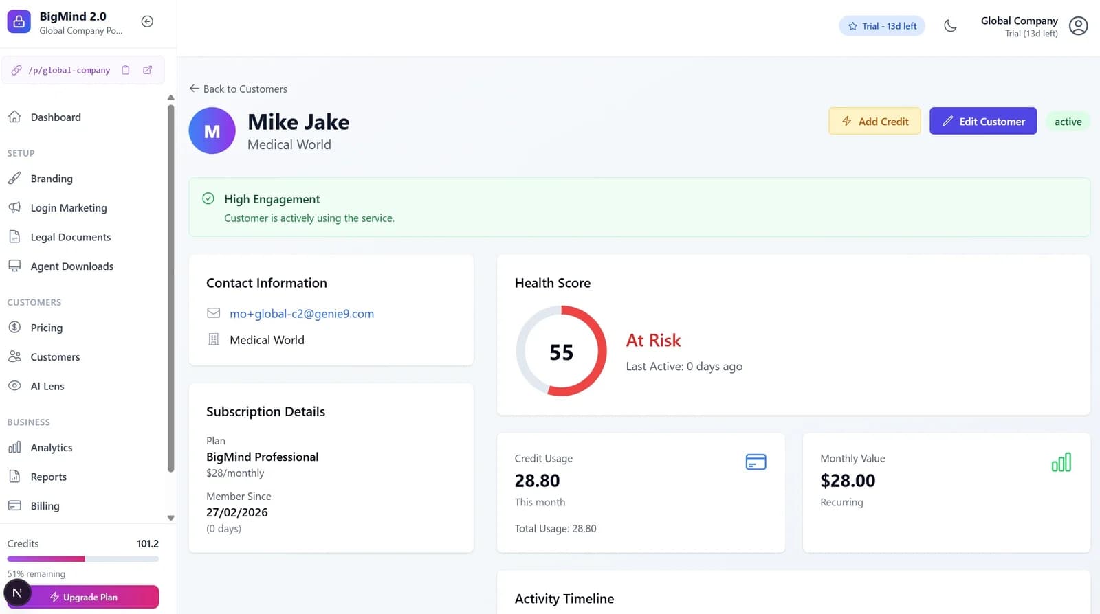 Customer detail view showing user management and storage metrics