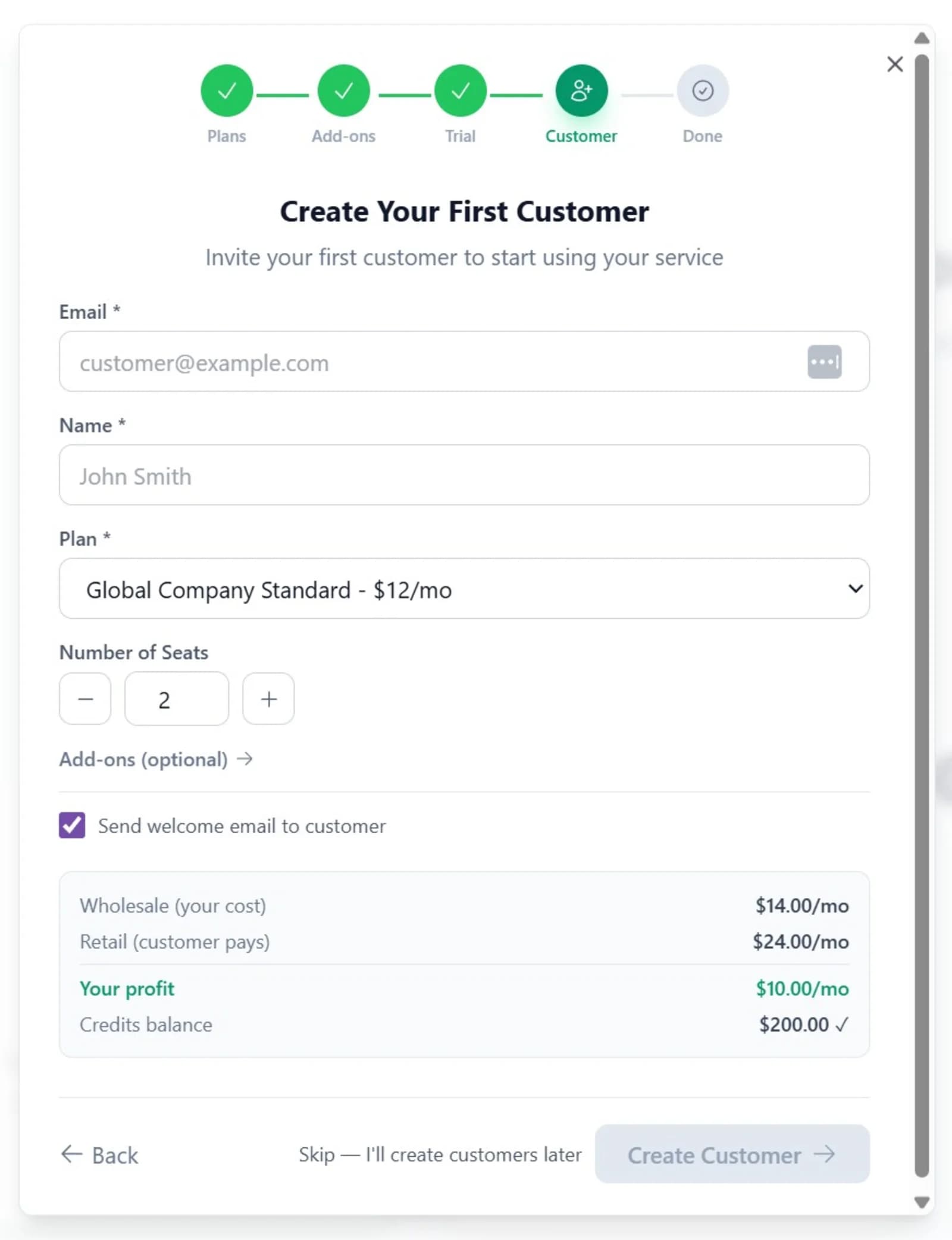 The setup wizard customer step - create your first customer with wholesale, retail and profit shown
