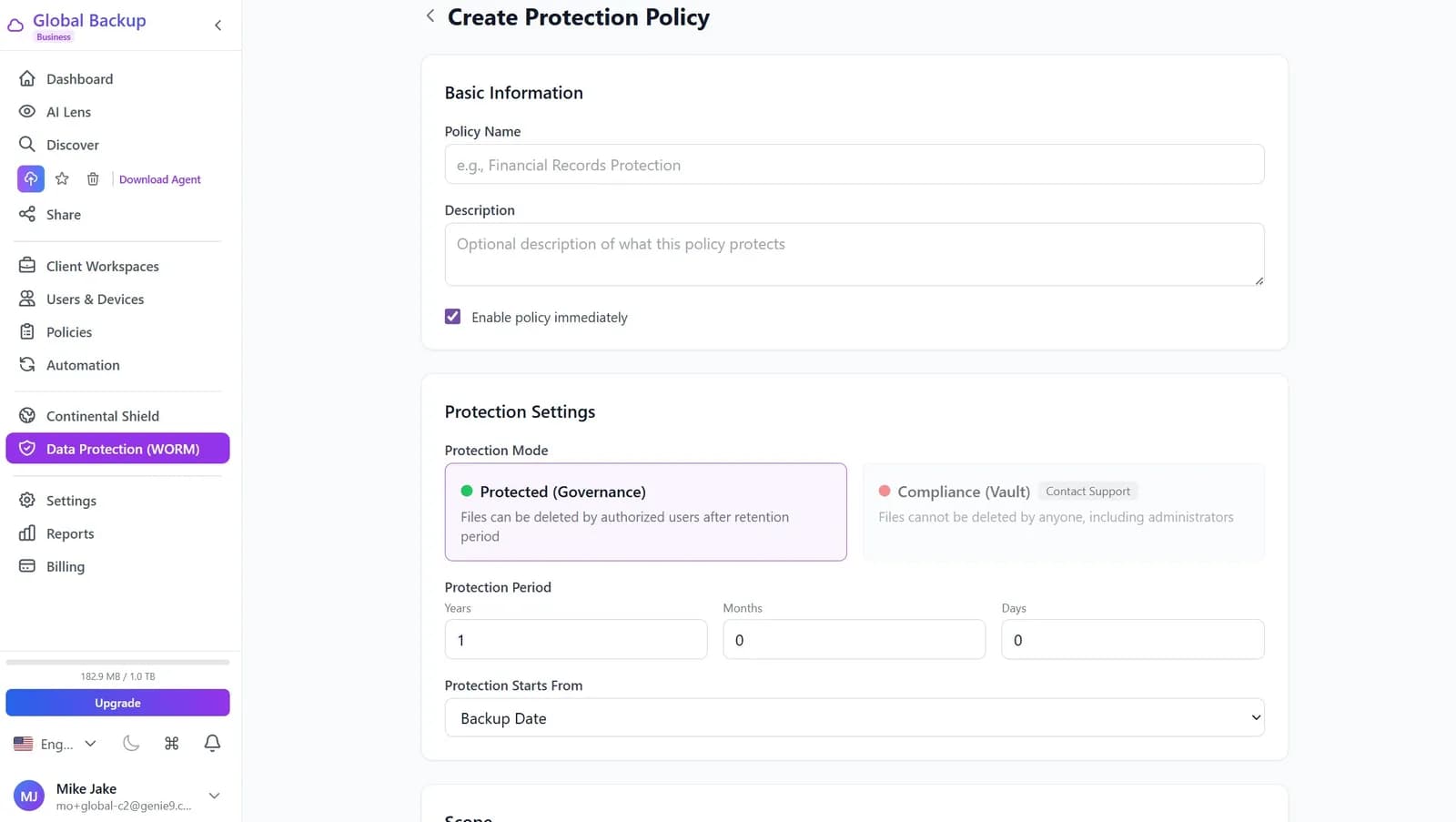 Create Protection Policy — configure protection mode, retention period, and scope