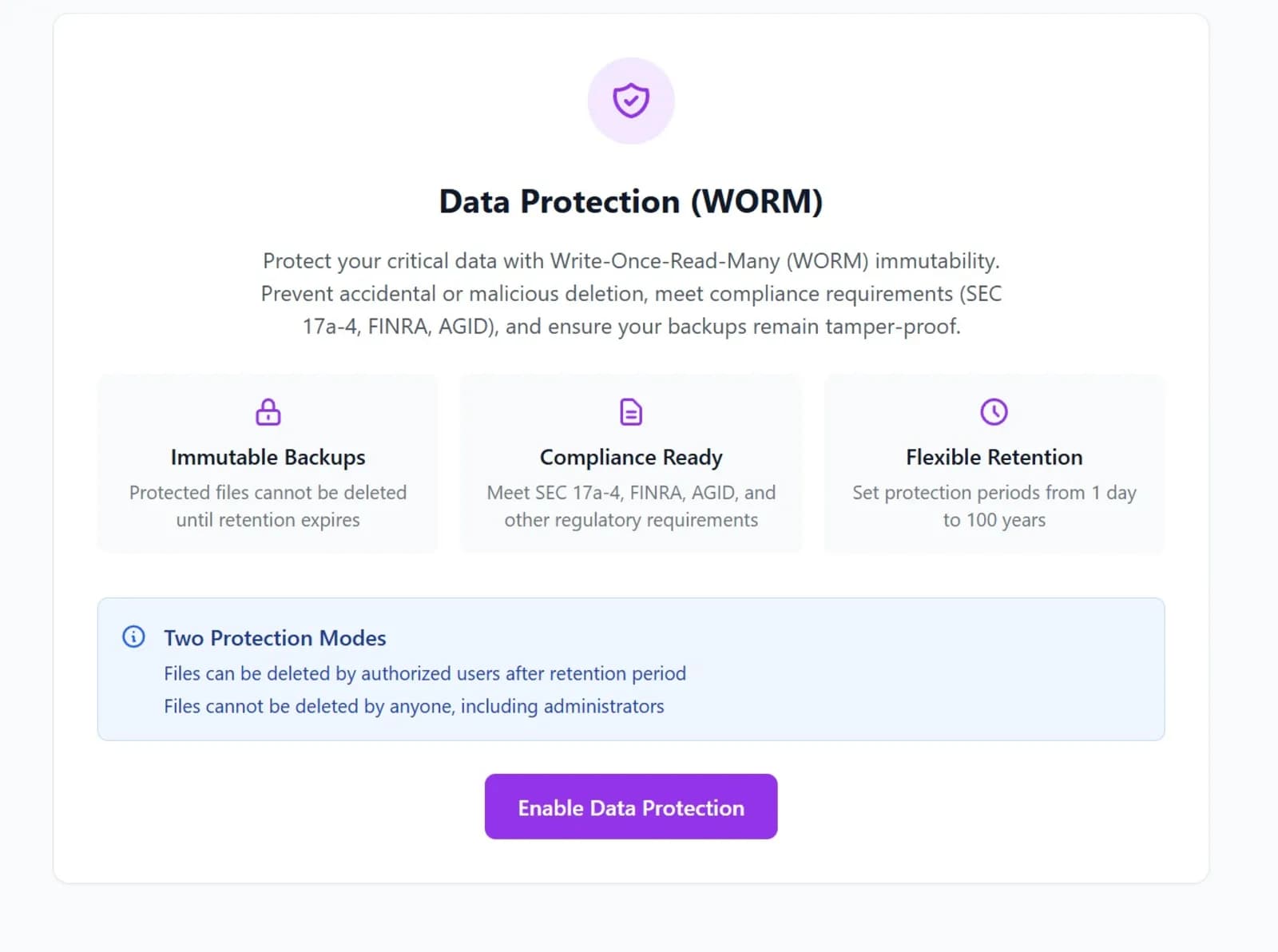 Data Protection (WORM) — immutable backups, compliance ready, flexible retention