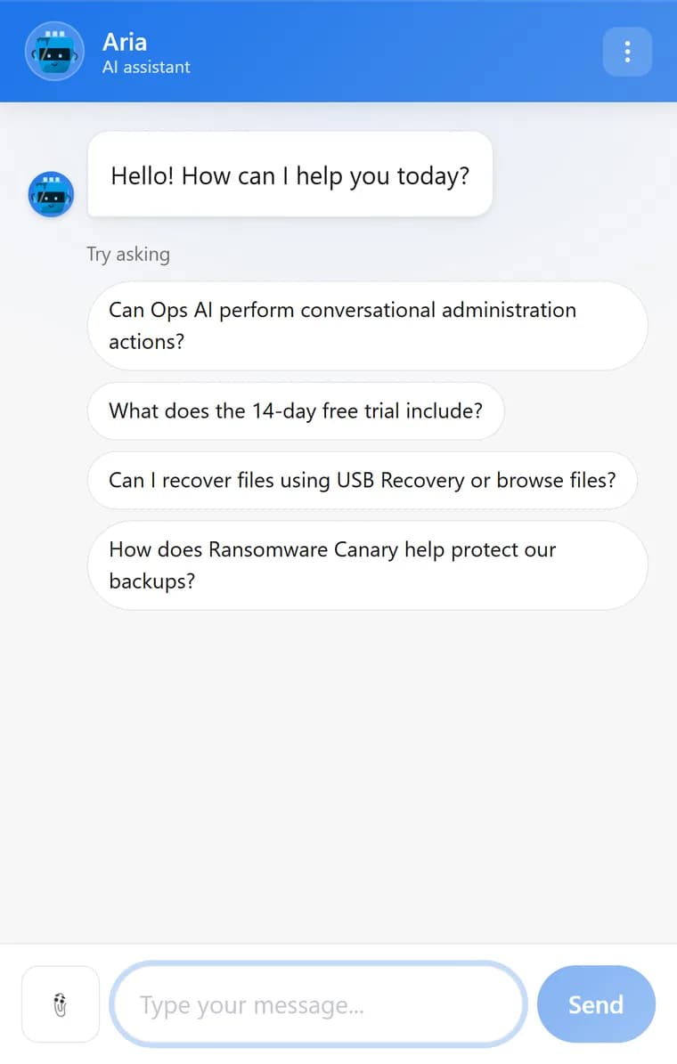 The Genie AI chat widget in English, showing its greeting and suggested questions