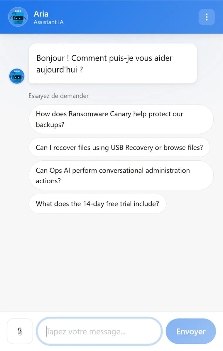 The Genie AI chat widget in Français, showing its greeting and suggested questions