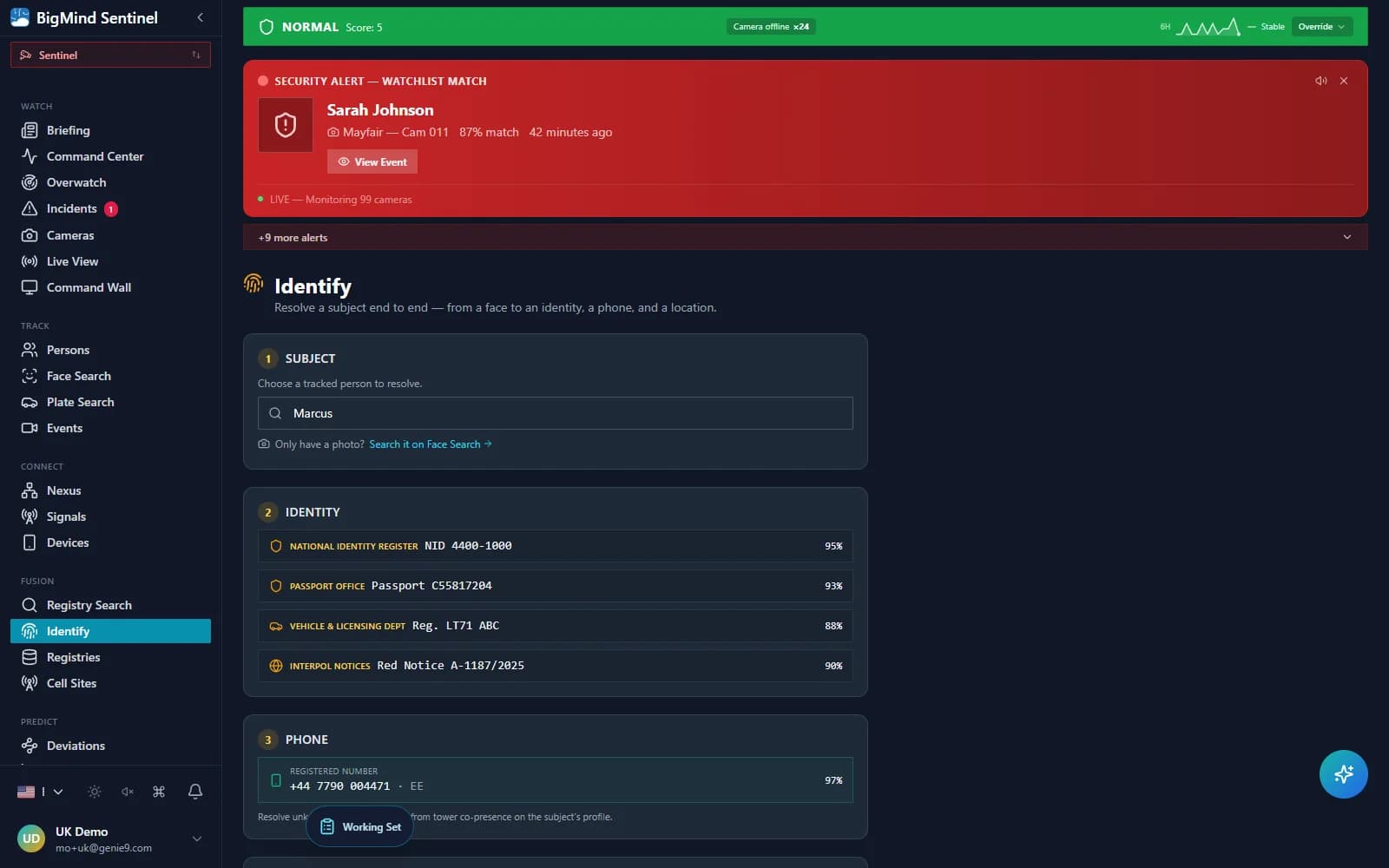 The Get-ID Resolve Identity dock — a face or name in, ranked registry candidates with confidence bands, and a Confirm & link band selector
