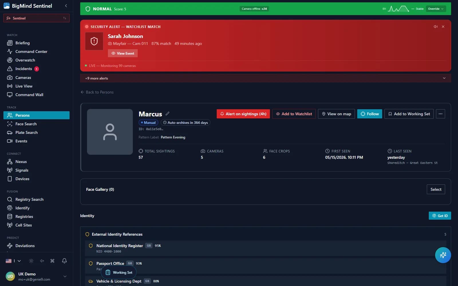 A subject profile showing external identity references as masked match cards, each with a source badge and confidence — never the source photograph