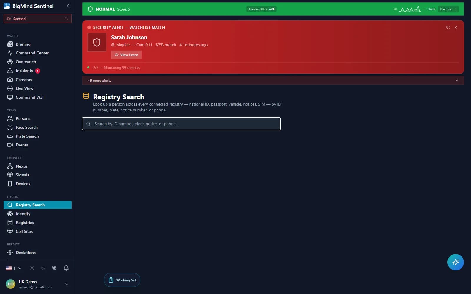 Registry Search — one query box returning results across every connected reference source with source badges and masked labels