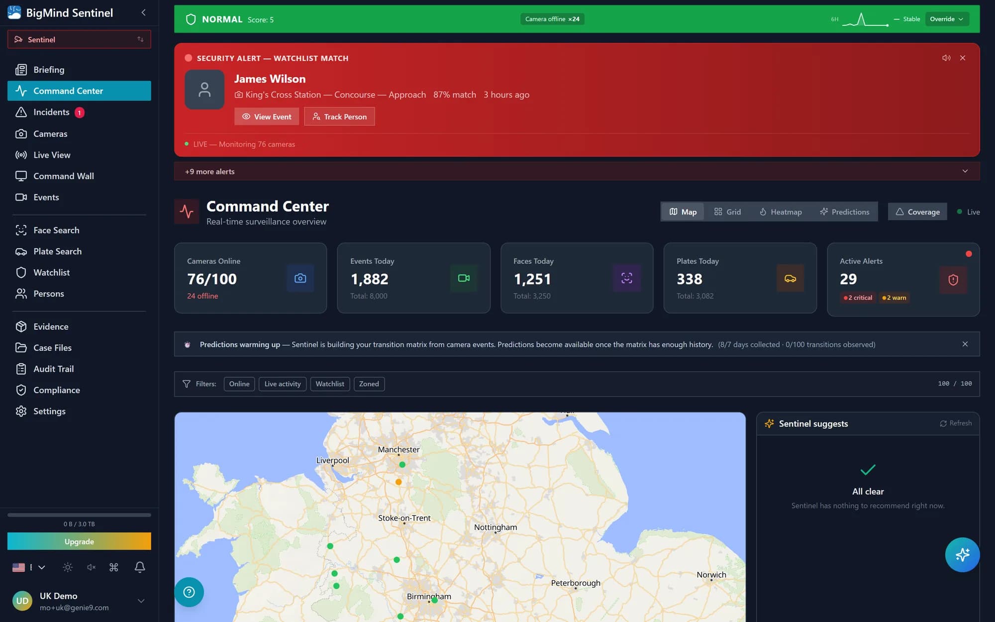 Command Center on dark chrome — multi-site map with campuses pinned, live activity feed, and threat dial. Faces blurred.