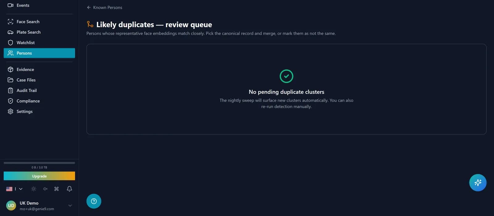 Persons list with a Likely duplicates KPI tile and amber review banner; the merge queue showing a cluster card with two blurred candidate faces and Merge / Not the same / Skip buttons