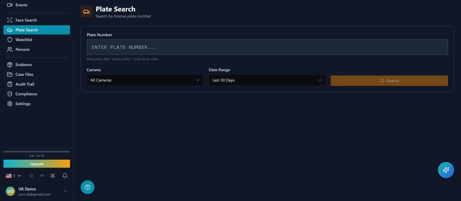 Plate-search box with a query string, region-correct plate render, and a results panel listing sightings across cameras with timestamps