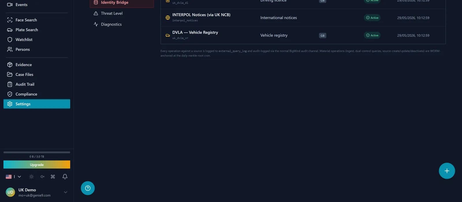Identity Bridge settings: a list of configured source connectors, each a generic source-type label, a status pill, a category icon, and a last-sync timestamp