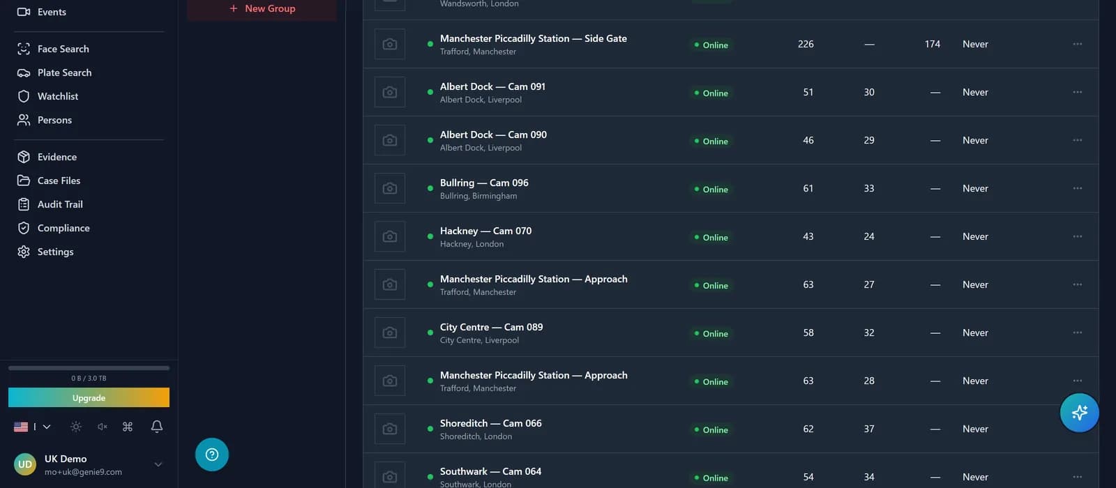Agent fleet view showing multiple agents with per-agent camera counts and health status, total rolled up at the top