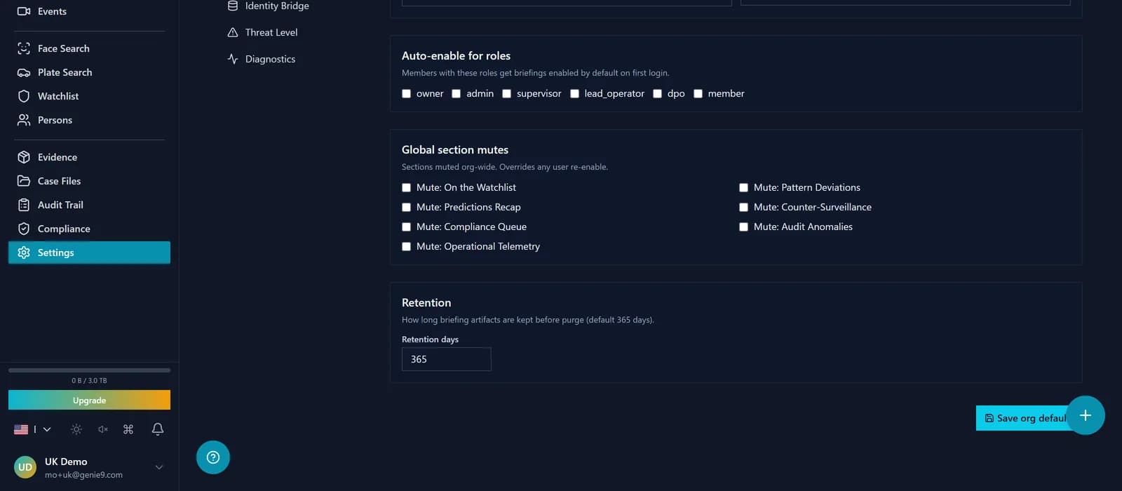 Per-operator briefing settings page: shift-start time picker, cadence selector, seven section toggles, camera-scope and watchlist-scope selectors, and delivery-channel switches