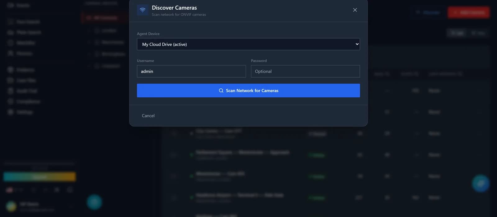 ONVIF discovery dialog listing cameras with make/model/IP and an agent selector; agent overview panel showing per-agent status and camera counts