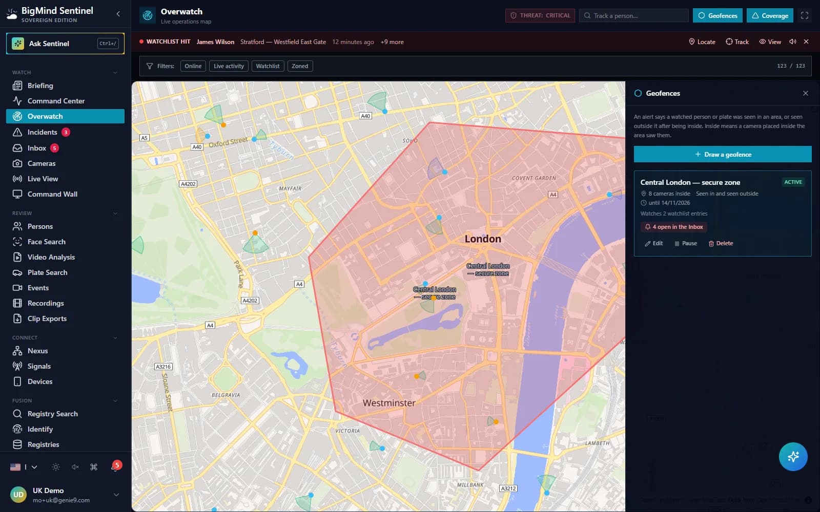 Overwatch map with a drawn area over central London and the Geofences panel showing cameras inside, the alerts it raises, its end date and open alerts