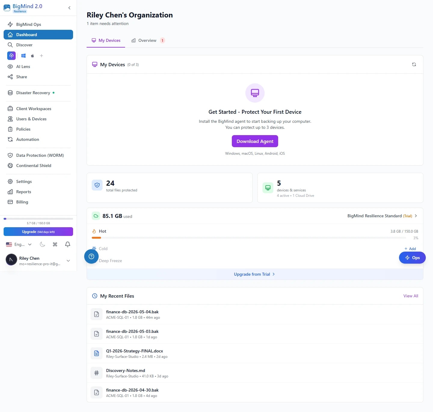 BigMind Resilience Cloud Backup dashboard — storage by tier, device status, and backup health in one view