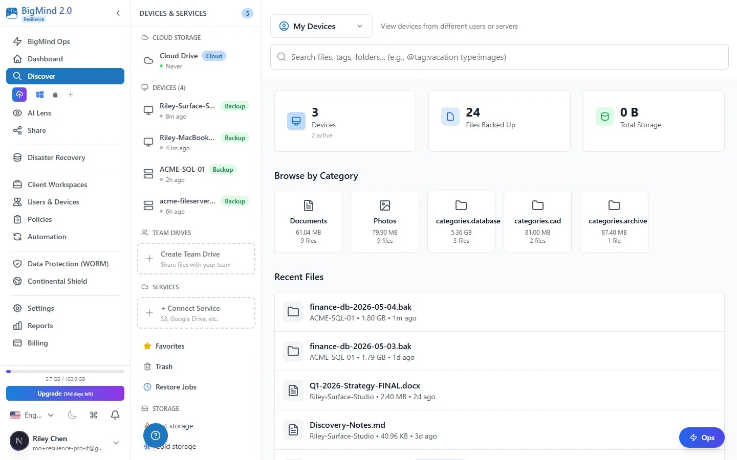 BigMind Resilience Discover — unified explorer with full version history across every backup