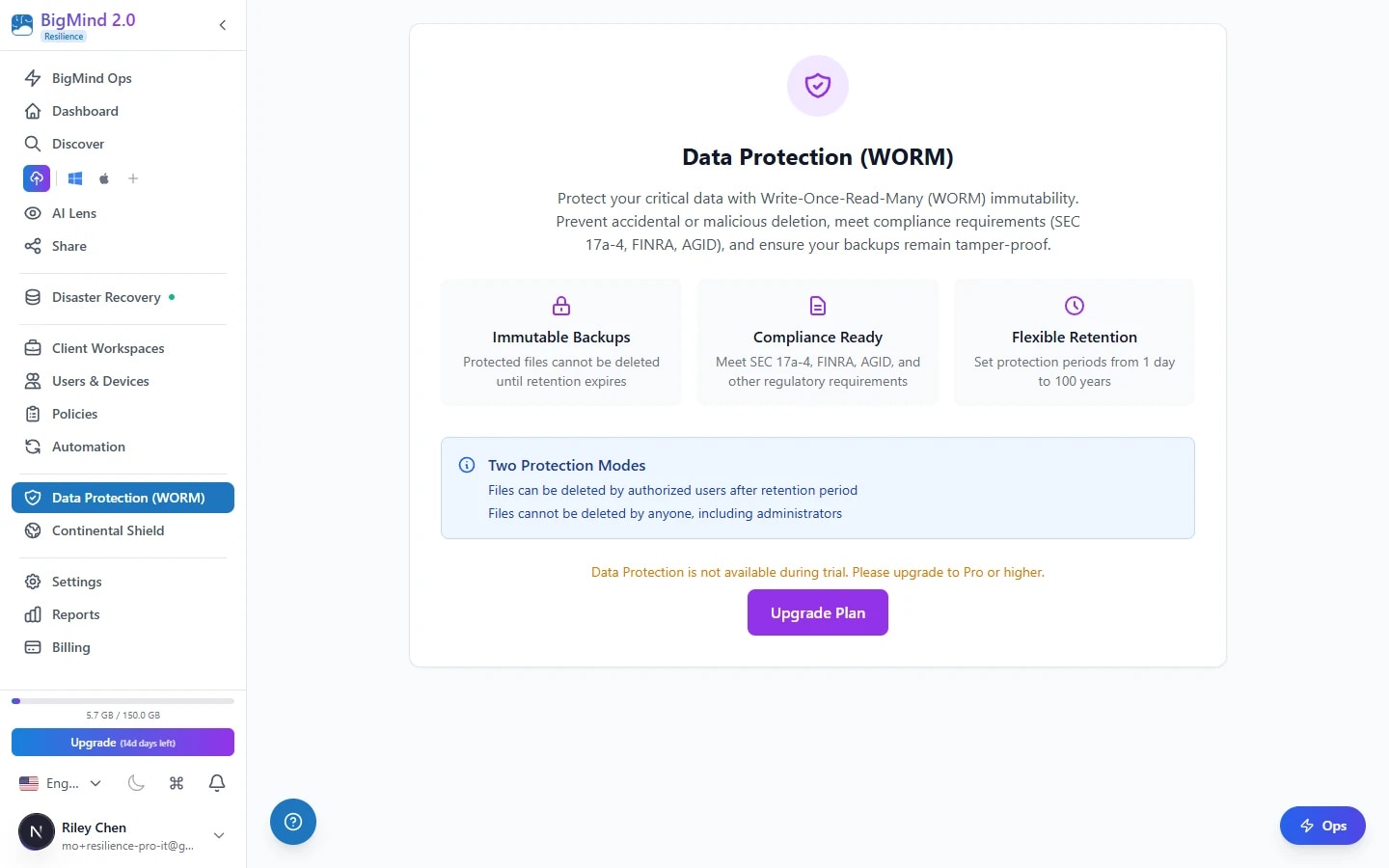 BigMind Resilience WORM-immutable retention settings for locking accounting records