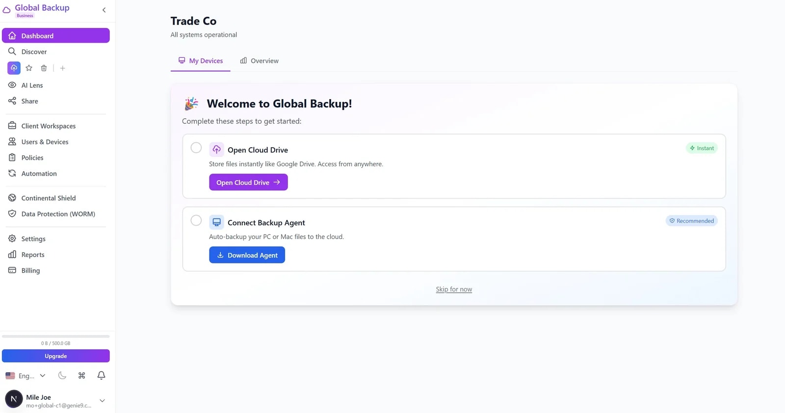 A customer backup overview - protected devices, backup health and one-click restore