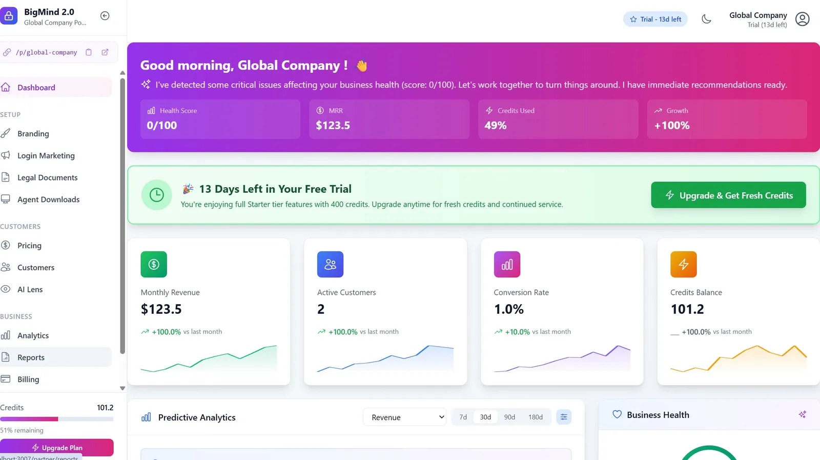 A partner-branded BigMind Resilience dashboard — revenue, customers and recovery health in one console
