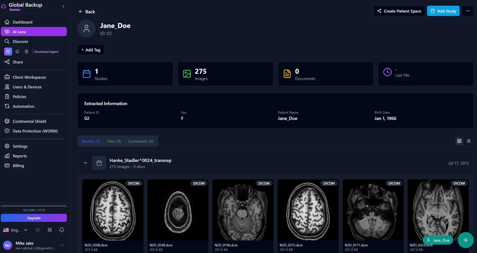 A patient record in AI Lens Medical - studies, extracted patient info and DICOM thumbnails, ready to share