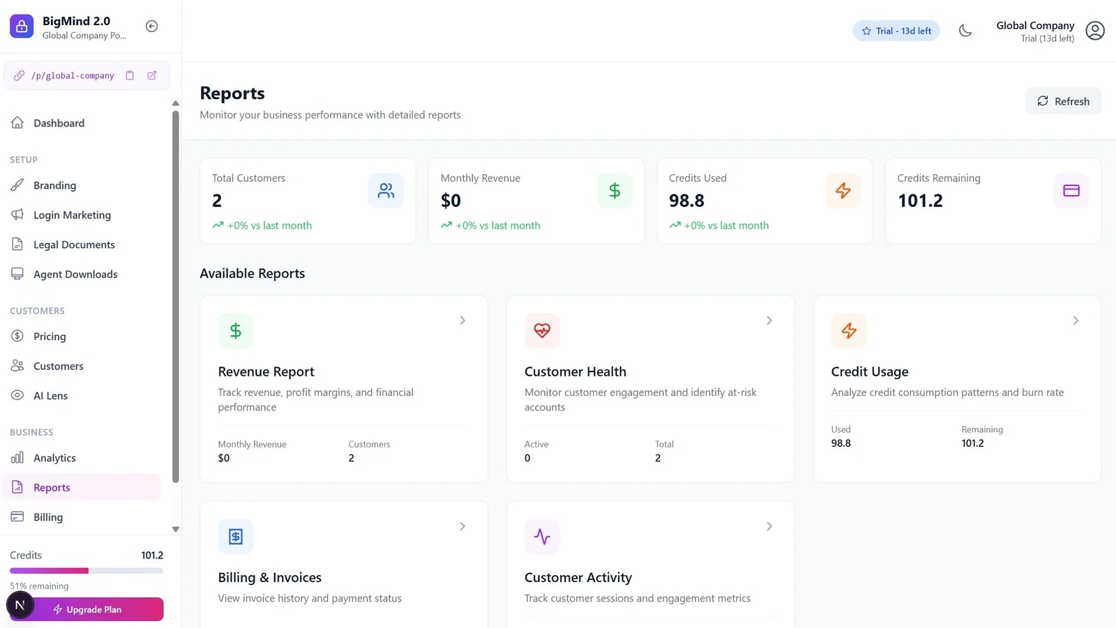 The distributor reports view — monthly credit flow, balance trend and utilization