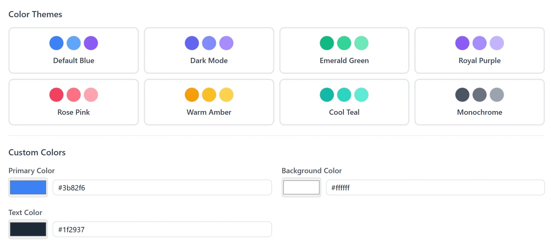 The Genie AI colour picker: eight ready-made themes — Default Blue, Dark Mode, Emerald Green, Royal Purple, Rose Pink, Warm Amber, Cool Teal and Monochrome — above hex fields for your own primary, background and text colours