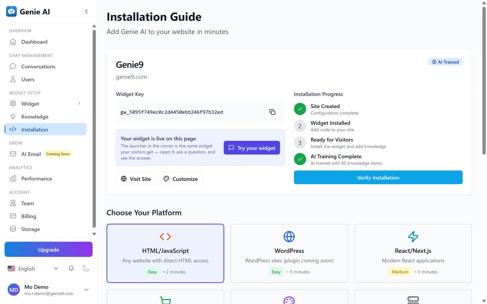 The Genie AI installation screen showing the one-line script tag ready to copy, the instruction to paste it before the closing body tag, and the next steps it lists afterwards