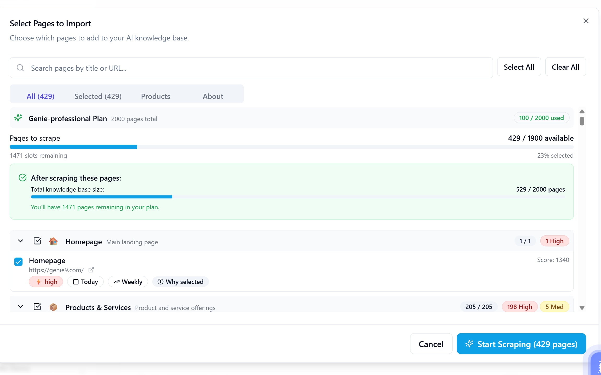 The Genie AI page-selection dialog listing 429 discovered pages grouped by category with priority scores, a why-selected explanation per page, and a running total of how much of the plan allowance the selection will use