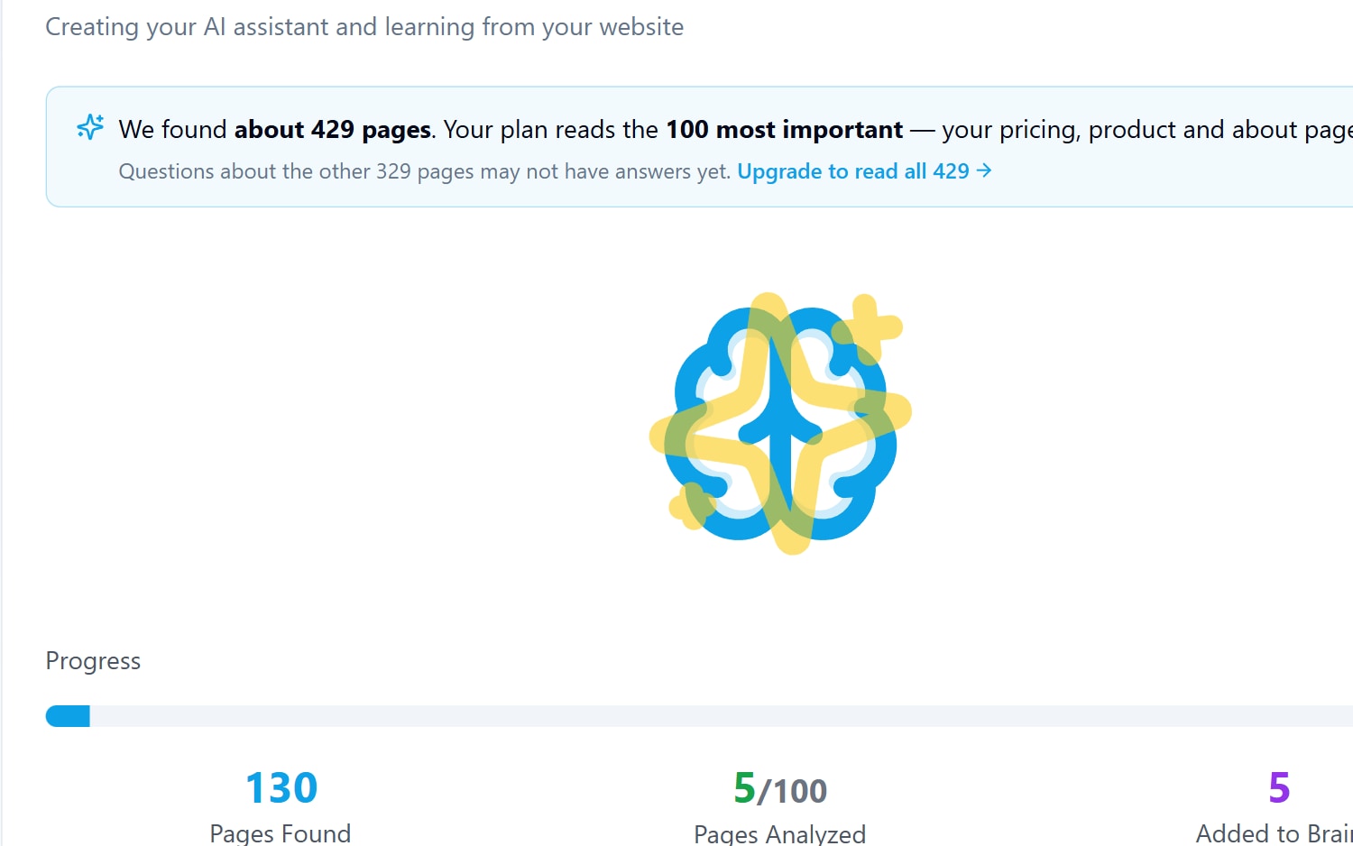 Genie AI reporting during setup that it found about 429 pages, that the current plan reads the 100 most important ones, and that questions about the remaining 329 pages may not have answers yet