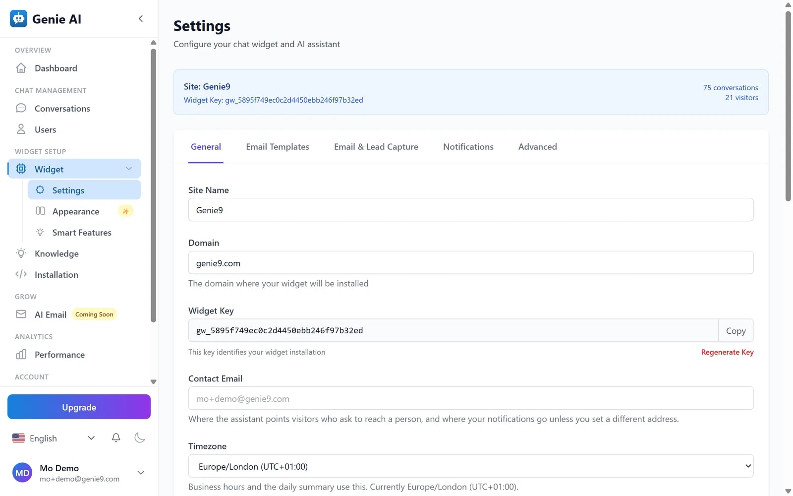 The Genie AI settings screen on the general tab, showing site name, domain, widget key and timezone alongside the tabs for email templates, lead capture and notifications