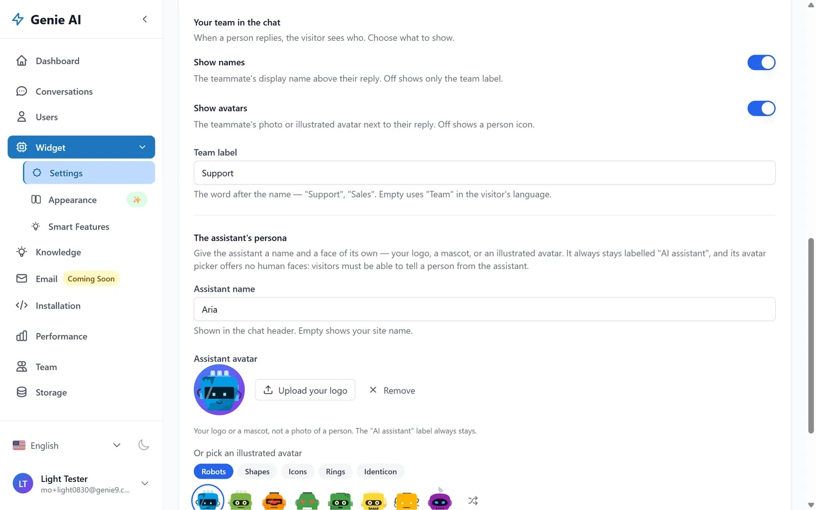 The Genie AI settings General tab showing the Your team in the chat section with switches for showing names and avatars and a team label field, and The assistant’s persona section with a name field and the avatar picker