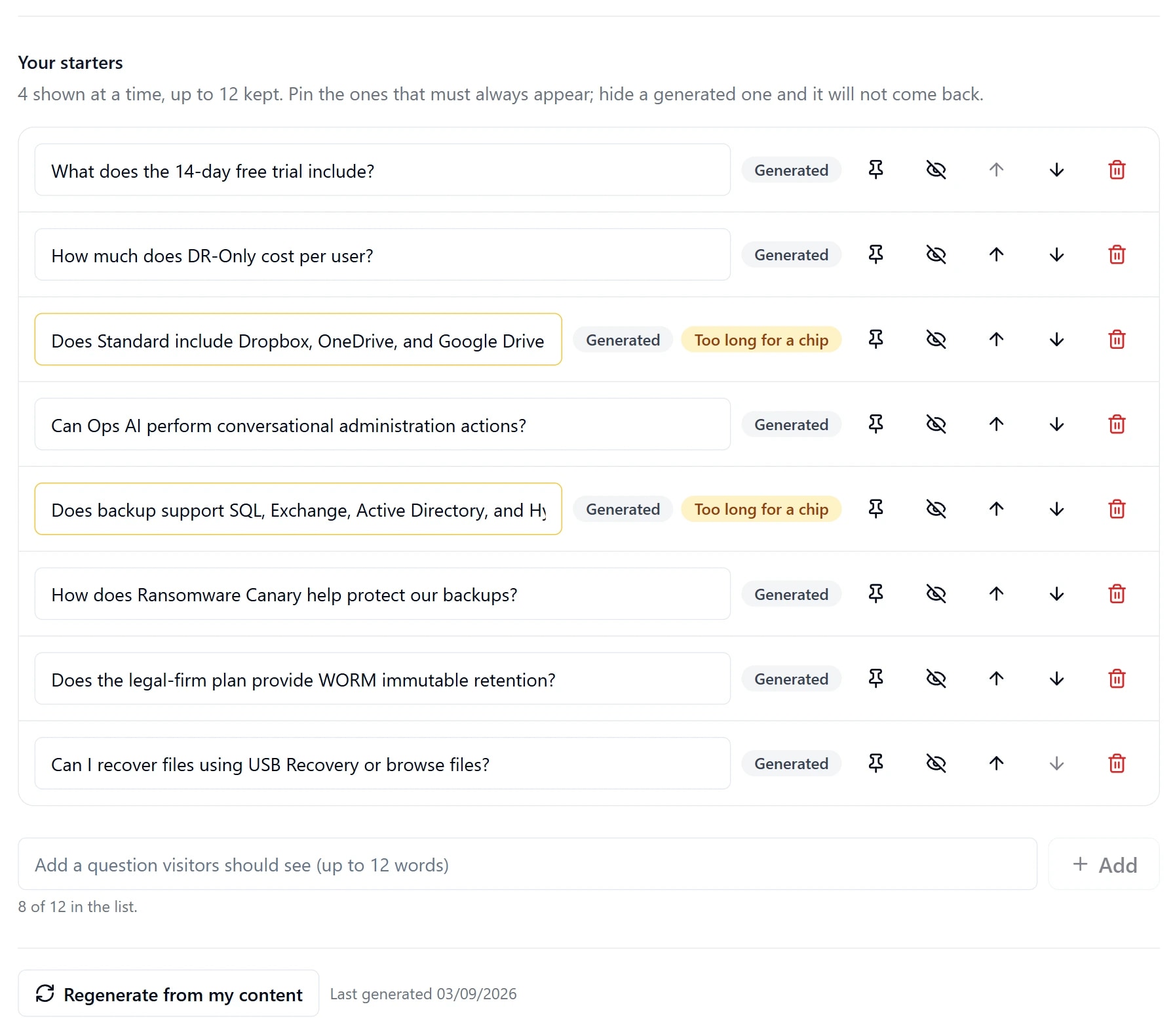 The Your starters list in the Genie AI dashboard: eight generated questions, each with pin, hide, reorder and remove controls, two of them flagged Too long for a chip, a box for adding your own, and a Regenerate from my content button