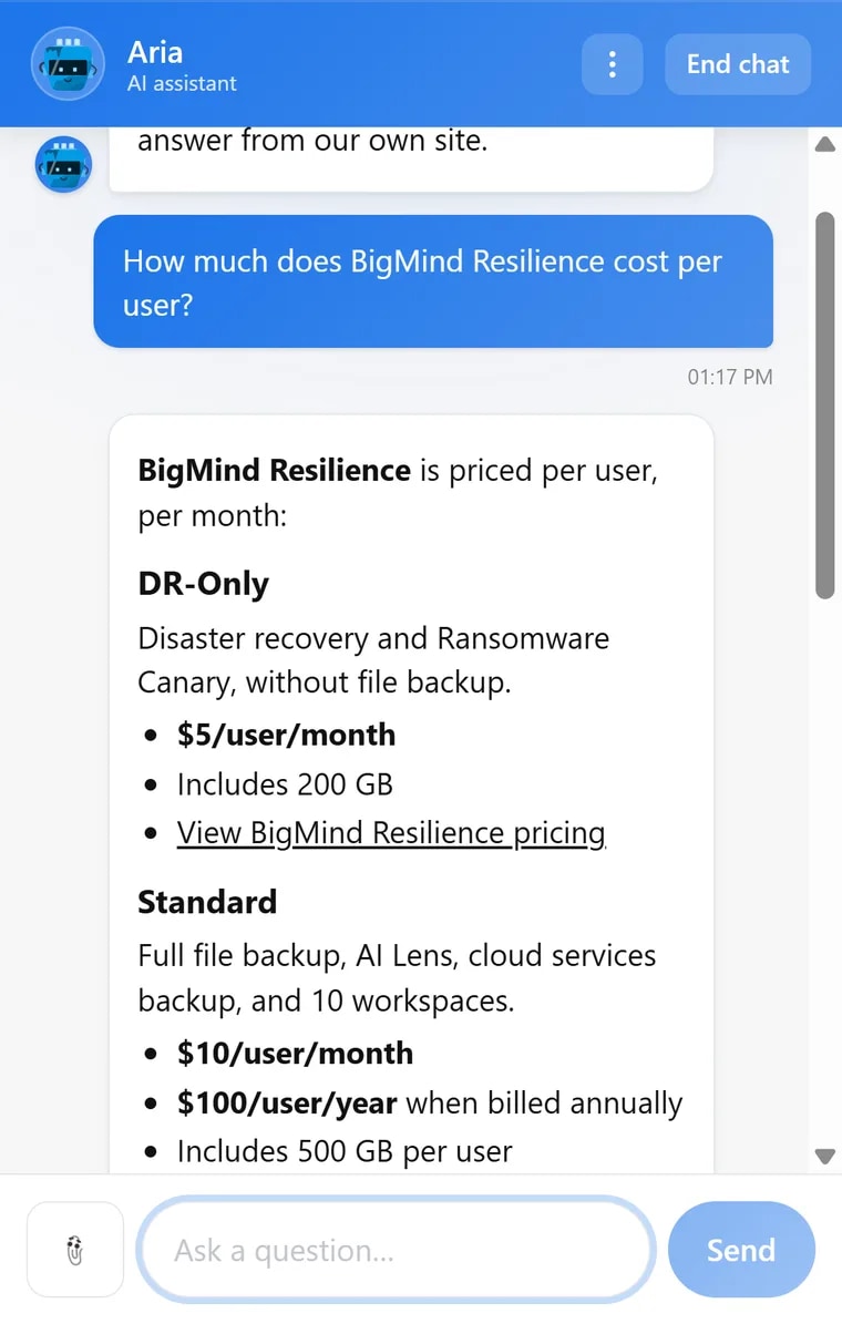 The Genie AI chat panel showing a visitor question about supported operating systems and a formatted reply with a bulleted list, ending with a plain statement that macOS is not yet available