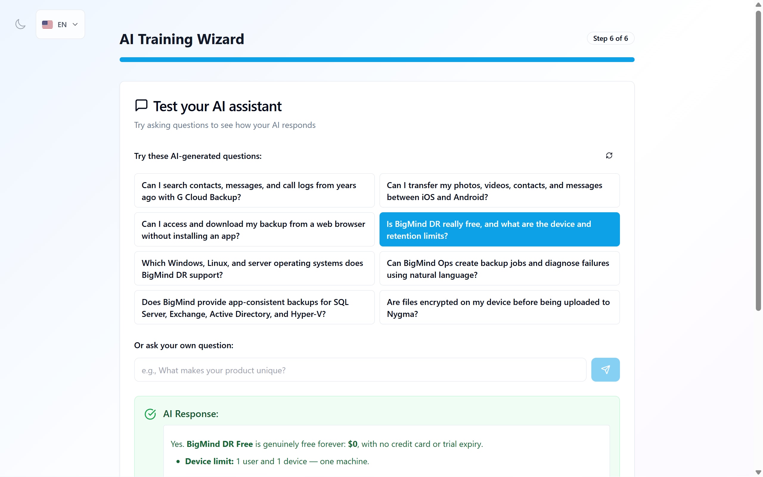 Genie AI answering a question during setup with a detailed grounded reply, a High Confidence indicator, and a note that the answer drew on 65 knowledge sources