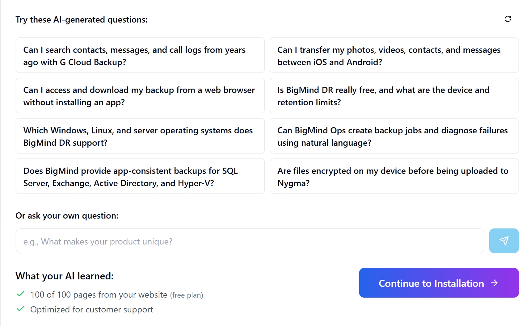 Genie AI offering eight suggested questions it generated from the pages it had just indexed, each one specific to products described on the scanned website