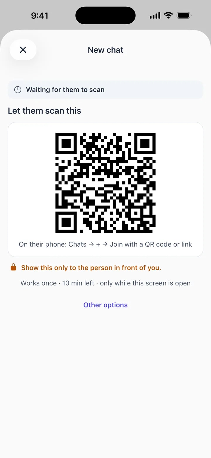 The New chat screen in Nygma on iPhone showing a one-time QR code to scan in person