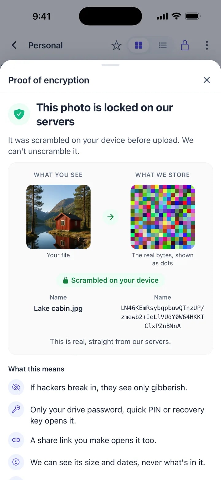 Nygma's proof of encryption on iPhone: a lake photo next to the scrambled data stored on the server