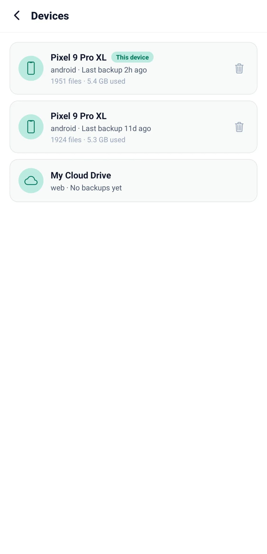 The Devices screen in the BigMind Home app, listing each backed-up phone and computer with its last backup time