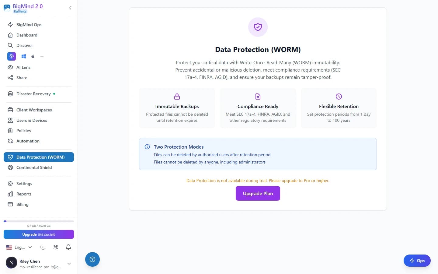 WORM immutability settings in BigMind — object-lock retention per workspace and policy