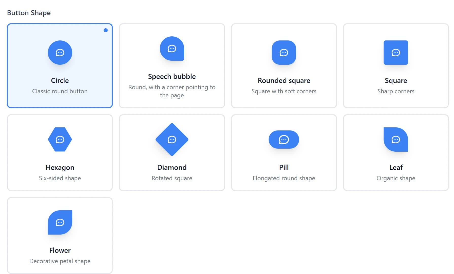The Genie AI launcher shape picker, all nine shapes drawn at size