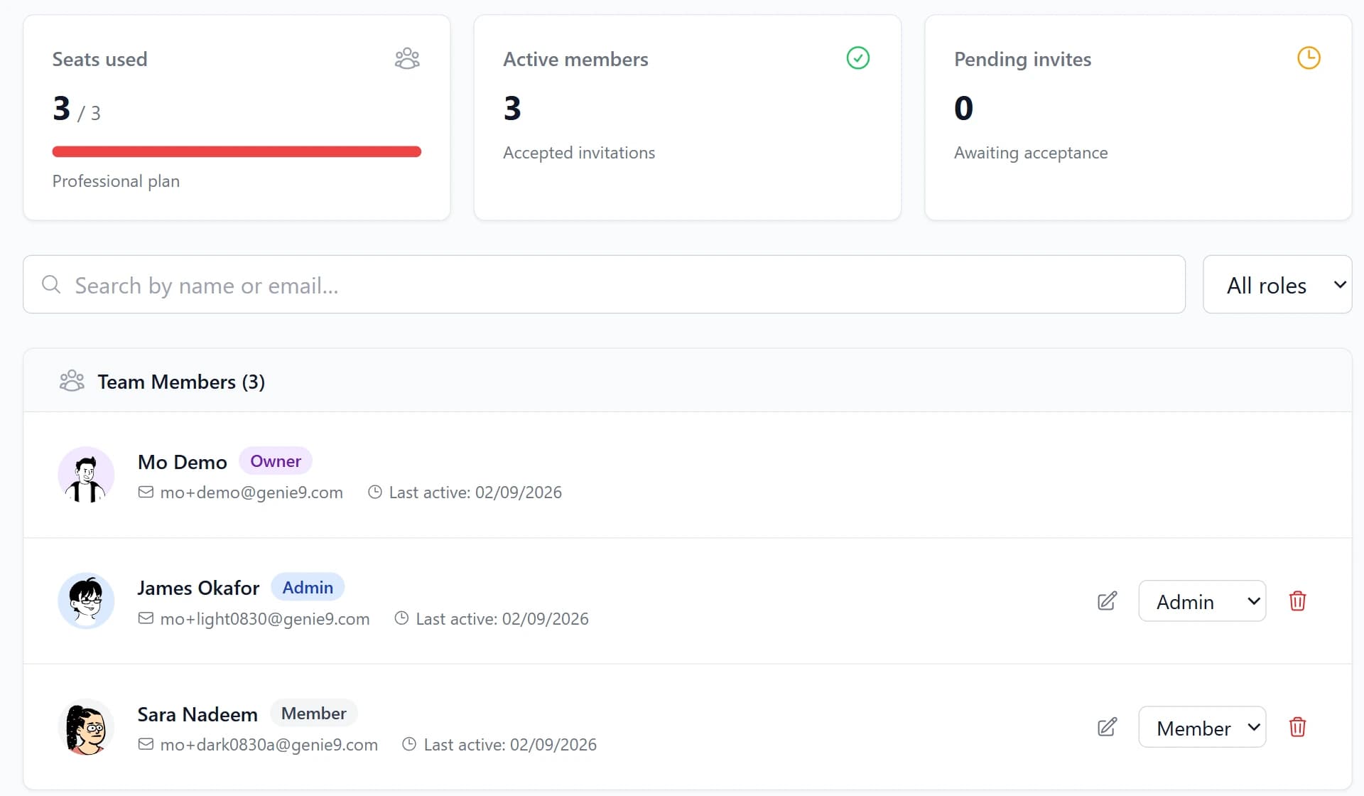 The Genie AI Team page: seats used against the plan, and a roster of owner, admin and member